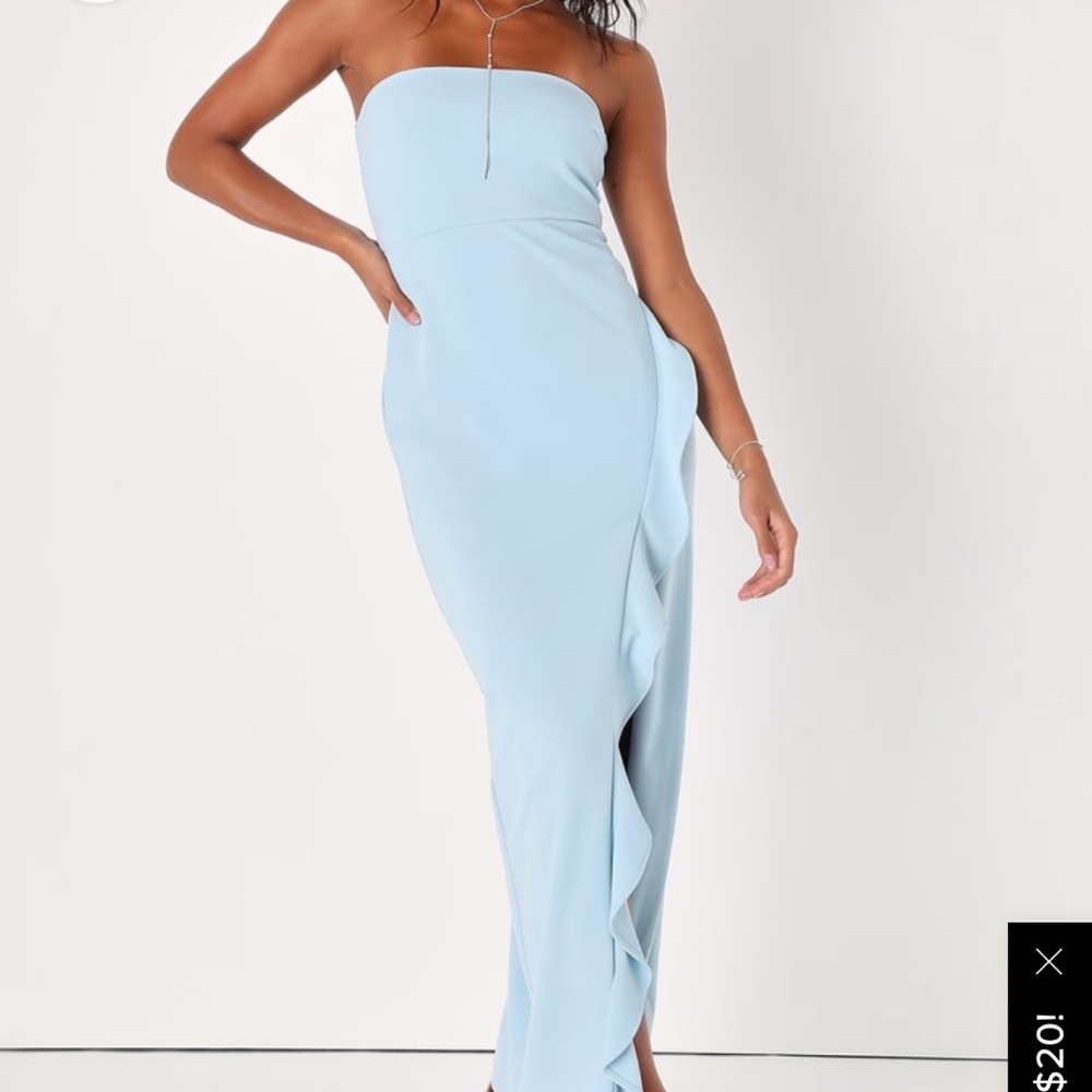 After hours light blue strapless ruffled maxi dress
